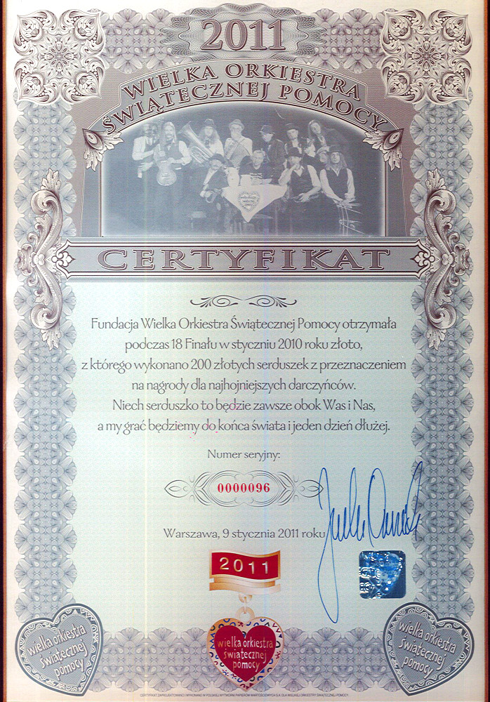 Certyfikat WOŚP Serduszko